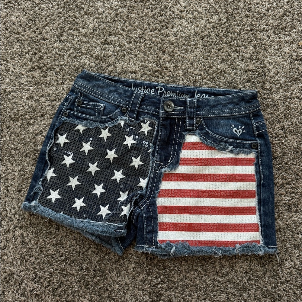 Justice Girls' Denim Shorts with Star & Stripe Patchwork - Blue, White, Red